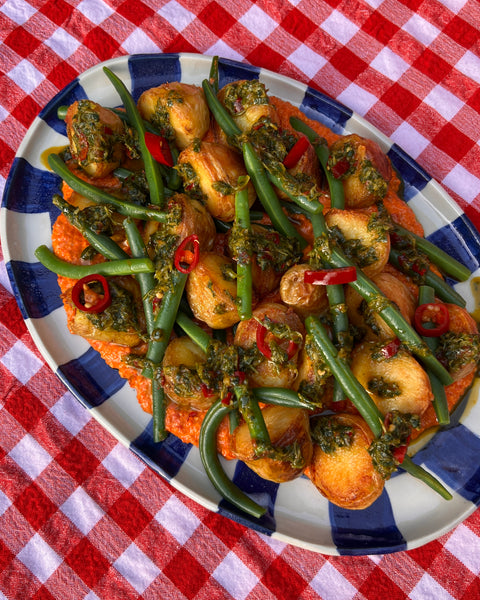 Roast potato and green bean salad with romesco and salsa verde